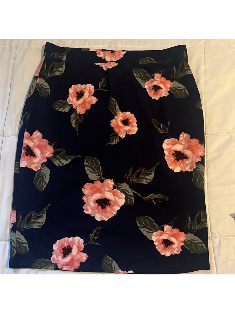 Floral Pencil Skirt in Navy with Pink Blossoms